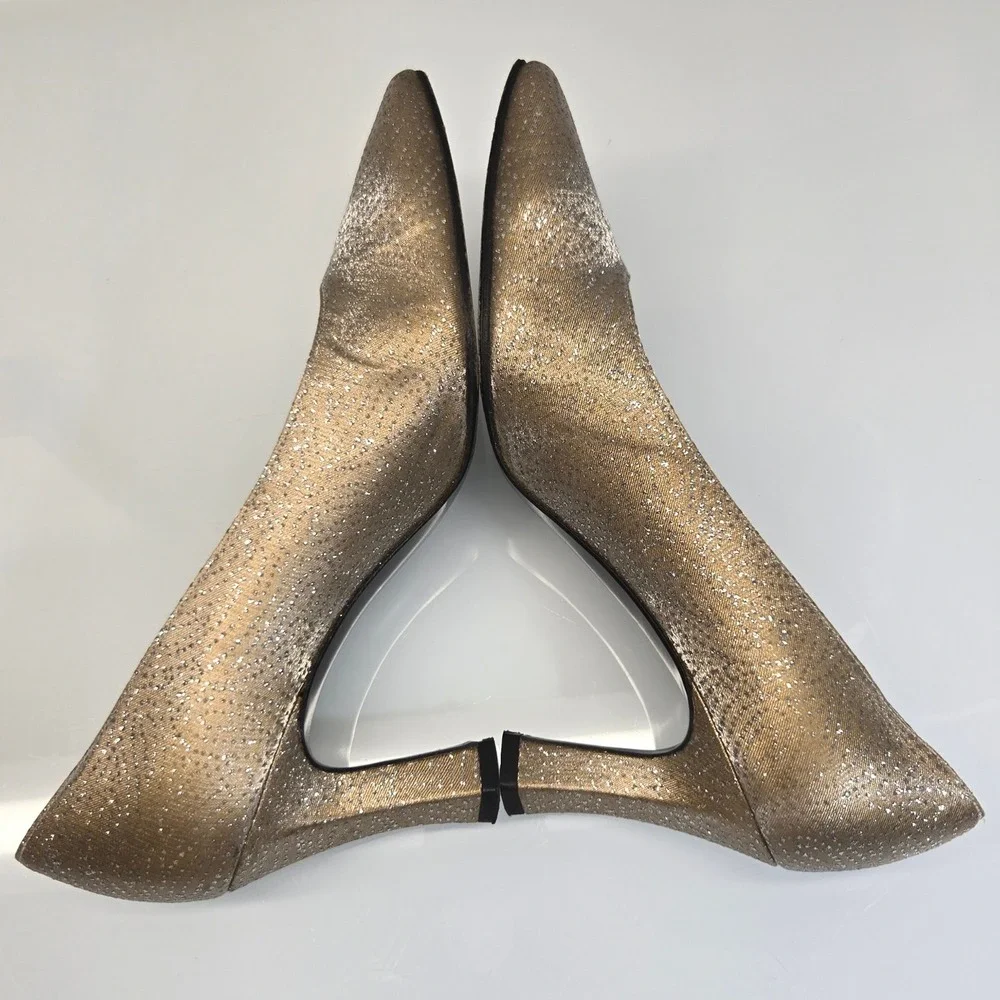 Stuart Weitzman Heel Pumps Womens 7B Gold Glitter Pointed Toe Evening Party Glam